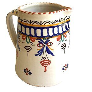 Vintage Spanish Talavera Clay Pottery Pitcher Vase White Blue Signed ECF Spain